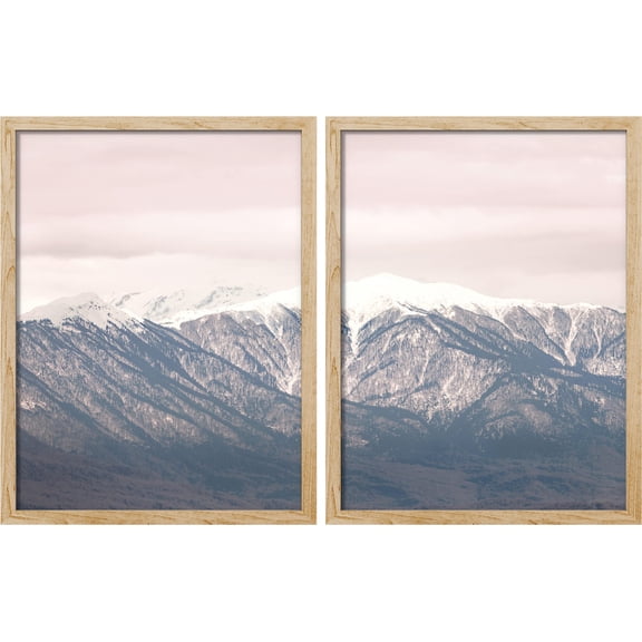 PixonSign Framed Wall Art Snowy Mountain Range Posters, Set of 2 Washed Out Duotone Pink Sky Nature Landscape Illustrations Wall Decor, Adhesive Canvas Prints for Home Decor - 8"x10" Natural