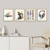 PixonSign Framed Wall Art Sportscar Headphone Sneaker Collage Posters, Set of 4 Boy's Bedroom Illustration Wall Decor Prints, Multicolor Contemporary Wall Décor for Living Room - 8"x10" Natural