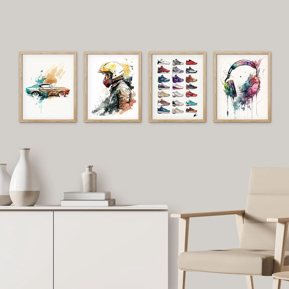 PixonSign Framed Wall Art Sportscar Headphone Sneaker Collage Posters, Set of 4 Boy's Bedroom Illustration Wall Decor Prints, Multicolor Contemporary Wall Décor for Living Room - 12"x16" Natural