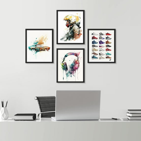 PixonSign Framed Wall Art Sportscar Headphone Sneaker Collage Posters, Set of 4 Boy's Bedroom Illustration Wall Decor Prints, Multicolor Contemporary Wall Décor for Living Room - 12"x16" Black