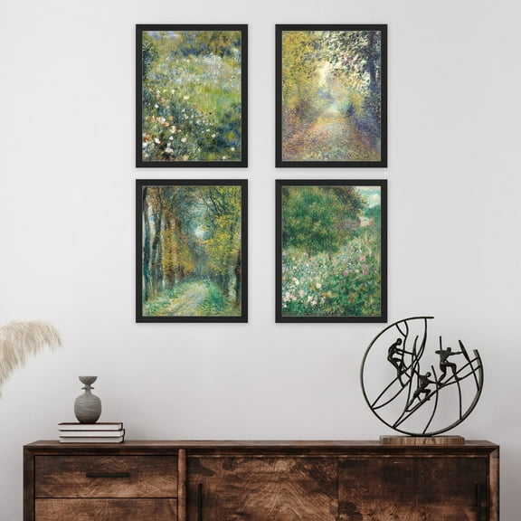 PixonSign Framed Wall Art Summer Pastel Flower Forest, Set of 4 Classic Countryside Wall Decor Arts, Nature Vintage Wall Décor, Adhesive Canvas Poster, Modern Home Artwork - 11"x14" Black