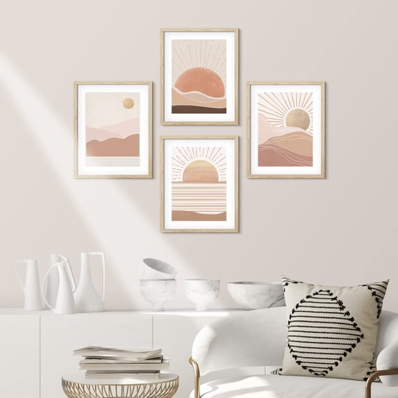 PixonSign Framed Wall Art Sunrise Rising Sun Sunset Landscape Prints, Set of 4 Mid-Century Geometry Nature Wall Decor, Adhesive Canvas Poster, Modern Home Artwork - 8"x10" Natural