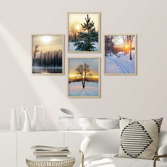 PixonSign Framed Wall Art Sunset Snowy Winter Forest Landscape Prints, Set of 4 Nature Wilderness Wall Decor Arts, Wall Décor, Adhesive Canvas Poster, Modern Home Artwork - 11"x14" Natural