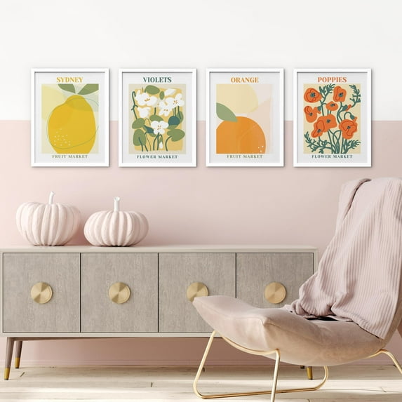 PixonSign Framed Wall Art Sydney, Orange, Flower, Poppies Posters, Set of 4 Multicolor Fruit, Flower Market Canvas Prints, Preppy Room Lovely Wall Décor for Home Decor - 12"x16" White