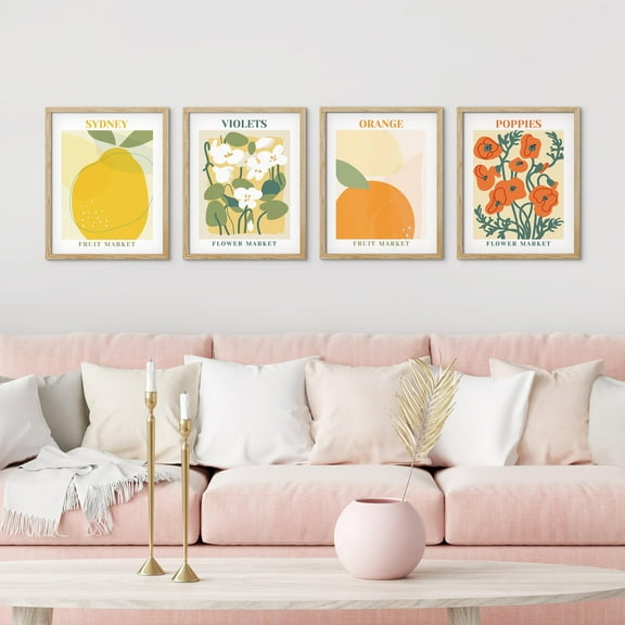 PixonSign Framed Wall Art Sydney, Orange, Flower, Poppies Posters, Set of 4 Multicolor Fruit, Flower Market Canvas Prints, Preppy Room Lovely Wall Décor for Home Decor - 11"x14" Natural