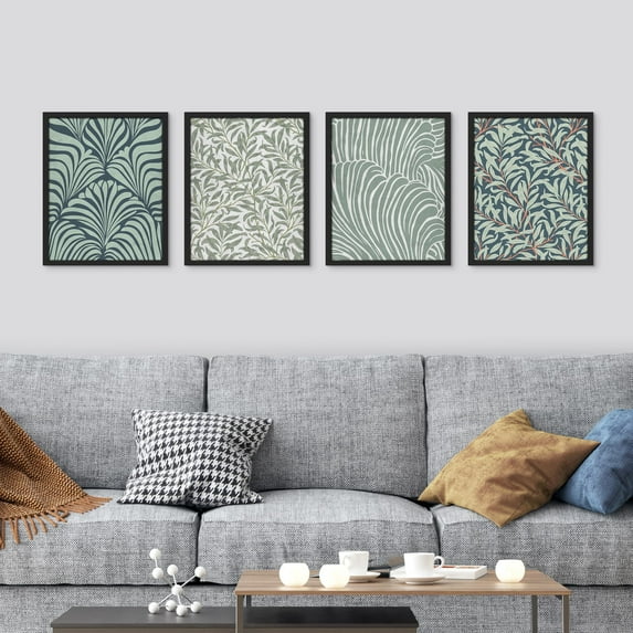PixonSign Framed Wall Art Teal and Grey Botanical Pattern Prints, Set of 4 Abstract Floral Paintings, Nature Wilderness Wall Décor, Vintage Retro Adhesive Canvas Posters - 12"x16" Black