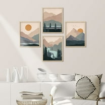 PixonSign Framed Wall Art Teal Orange Mountain Forest River Prints, Set of 4 Abstract Geometric Wall Decor Arts, Forest Wall Décor, Adhesive Canvas Poster, Modern Home Artwork - 11"x14" Natural