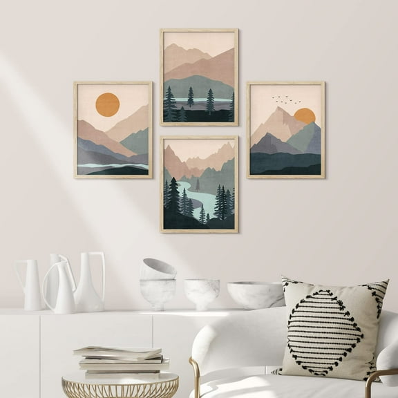 PixonSign Framed Wall Art Teal Orange Mountain Forest River Prints, Set of 4 Abstract Geometric Wall Decor Arts, Forest Wall Décor, Adhesive Canvas Poster, Modern Home Artwork - 11"x14" Natural