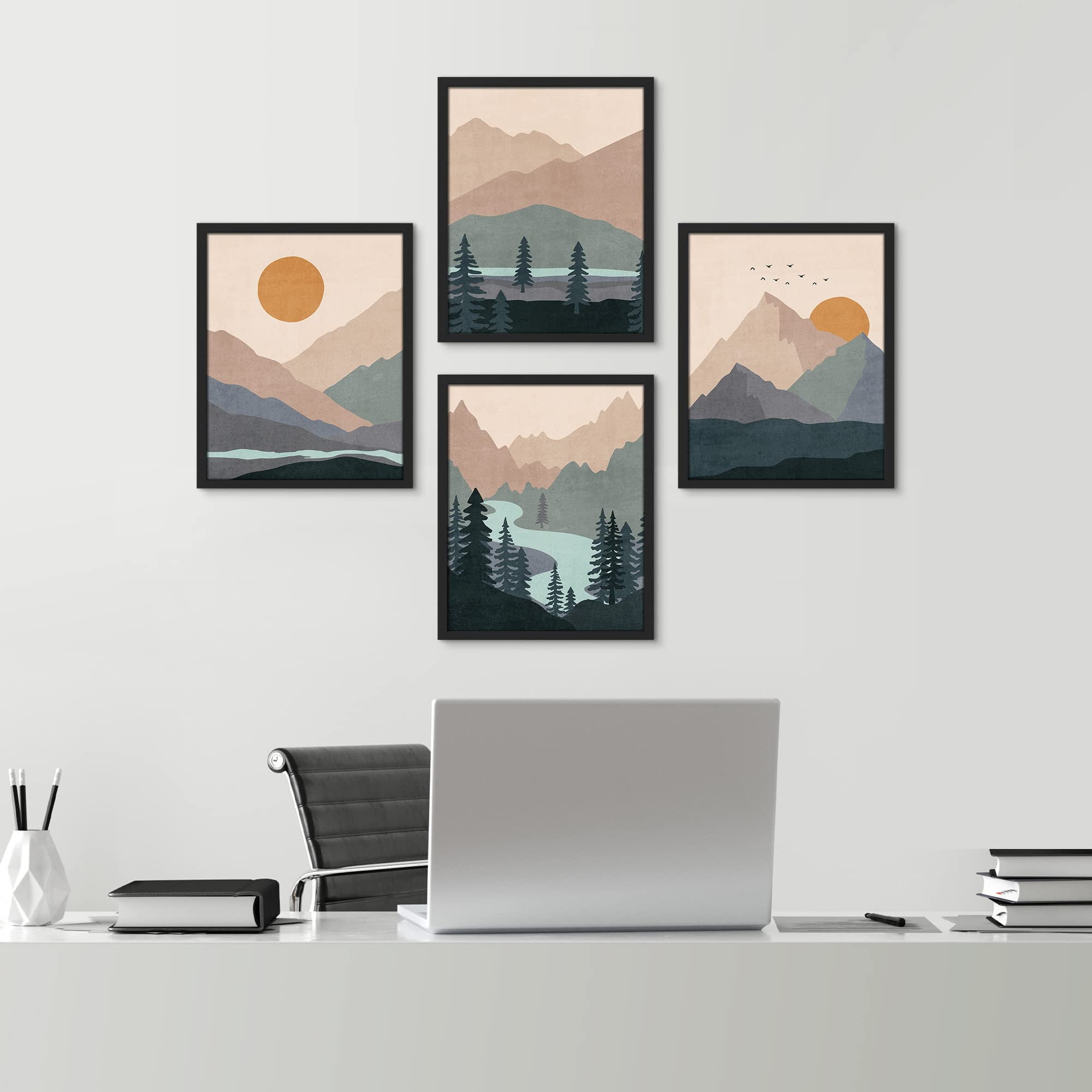 PixonSign Framed Wall Art Teal Orange Mountain Forest River Prints, Set ...