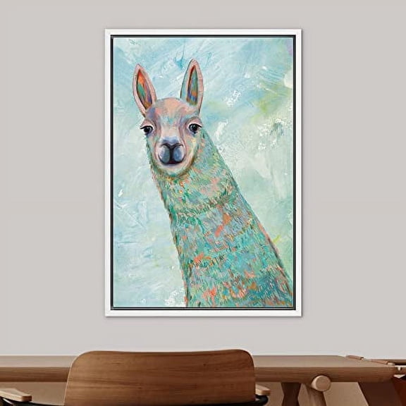 PixonSign Framed Wall Art Teal Pastel Watercolor Farm Llama Alpaca Nature Animals Portrait Artwork Cartoon Oil Paintings Modern Canvas Prints Colorful Fine Art for Rooms - 24"x36" White