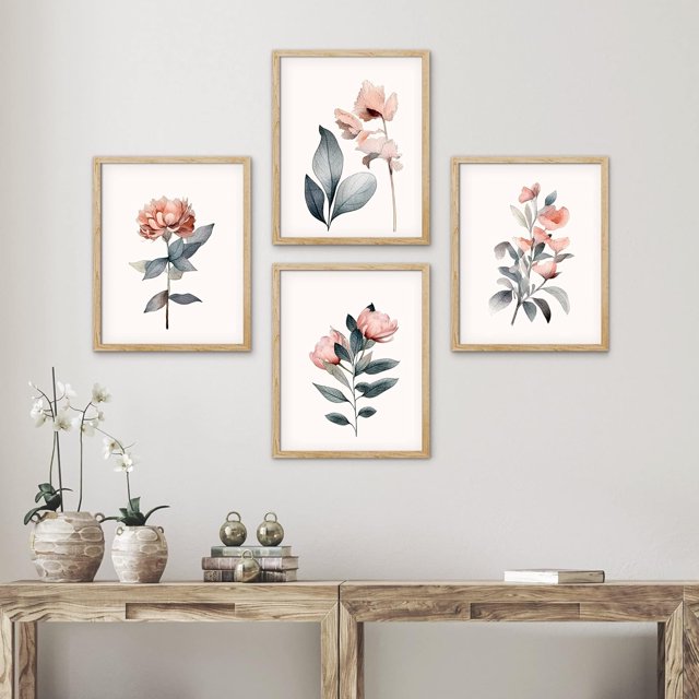 PixonSign Framed Wall Art, Teal & Pink Pastel Rose Flowers Posters, Set