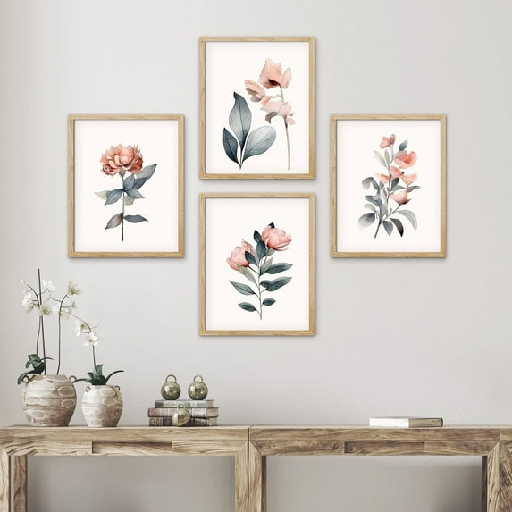 PixonSign Framed Wall Art, Teal & Pink Pastel Rose Flowers Posters, Set of 4 Nature Wildflower Wall Decor, Botanical Floral Wall Décor, Classic Landscape Prints for Bedroom - 11"x14" Natural