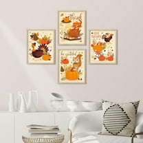 PixonSign Framed Wall Art Thanksgiving Celebrations Holidays Posters, Set of 4 Autumn Turkey, Squirrel, Pumpkin Pie Illustrations Wall Decor, Adhesive Canvas Prints for Home Decor - 11"x14" Natural
