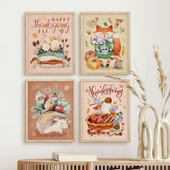 PixonSign Framed Wall Art Thanksgiving Celebrations Posters, Set of 4 Autumn Forest Animals & Pie & Holidays Seasonal Illustrations Wall Decor, Adhesive Canvas Prints for Home Decor - 12"x16" Natural