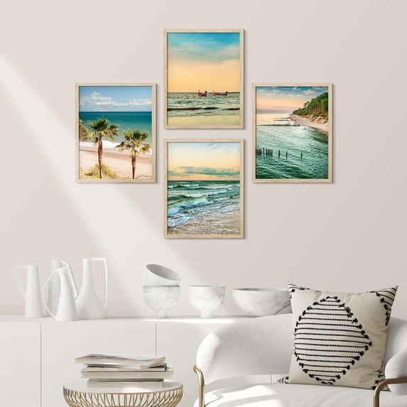PixonSign Framed Wall Art Tropical Beach Palm Tree Sunset Ocean Oasis Prints, Set of 4 Sea Landscape Wall Decors, Nature Wall Décor, Adhesive Canvas Poster, Modern Home Artwork - 11"x14" Natural