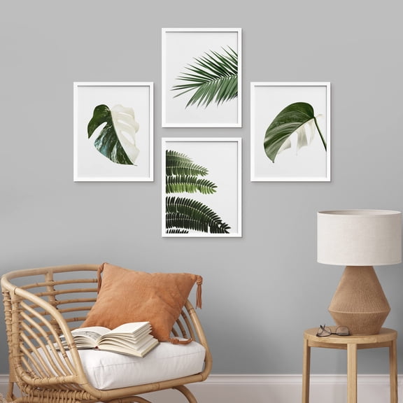 PixonSign Framed Wall Art Tropical Duotone Green White Palm Leaves Posters, Set of 4 Nature Wilderness Plants Canvas Prints, Floral Botanical Illustrations Wall Décor for Home - 11"x14" White