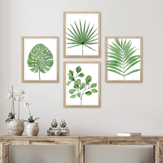 PixonSign Framed Wall Art Tropical Green Monstera Fan Leaf Poater, Set of 4 Nature Wilderness Wall Decor Prints, Botanical Floral Wall Décor, Rustic Classic Countryside Artwork - 12"x16" Natural