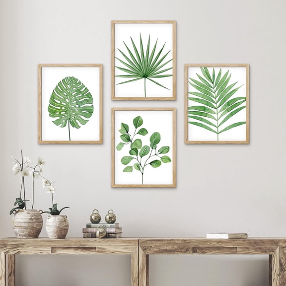PixonSign Framed Wall Art Tropical Green Monstera Fan Leaf Poater, Set of 4 Nature Wilderness Wall Decor Prints, Botanical Floral Wall Décor, Rustic Classic Countryside Artwork - 8"x10" Natural
