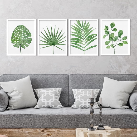 PixonSign Framed Wall Art Tropical Green Monstera Fan Leaf Poater, Set of 4 Nature Wilderness Wall Decor Prints, Botanical Floral Wall Décor, Rustic Classic Countryside Artwork - 8"x10" White