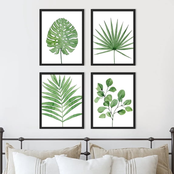 PixonSign Framed Wall Art Tropical Green Monstera Fan Leaf Poater, Set of 4 Nature Wilderness Wall Decor Prints, Botanical Floral Wall Décor, Rustic Classic Countryside Artwork - 12"x16" Black