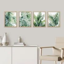 PixonSign Framed Wall Art Tropical Jungle Plants Green Leaves Prints, Set of 4 Nature Wildernes Paintings, Minimalism Wall Décor, Adhesive Canvas Poster for Home Decor - 11"x14" Natural
