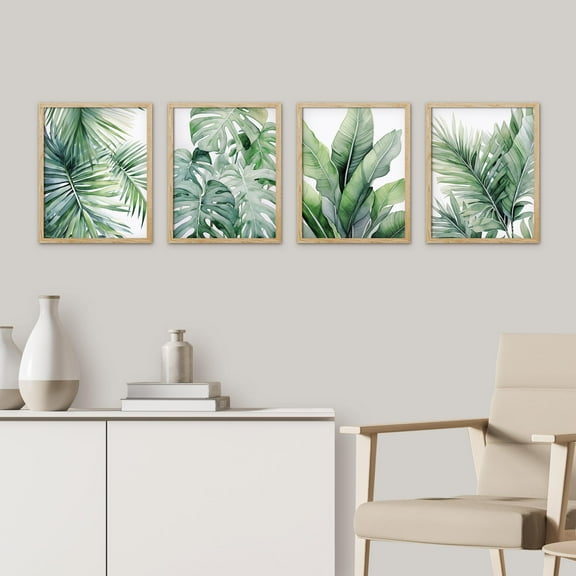 PixonSign Framed Wall Art Tropical Jungle Plants Green Leaves Prints, Set of 4 Nature Wildernes Paintings, Minimalism Wall Décor, Adhesive Canvas Poster for Home Decor - 11"x14" Natural