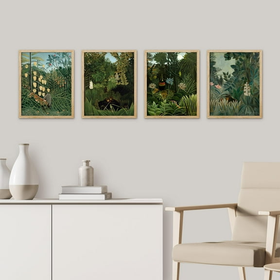 PixonSign Framed Wall Art Tropical Jungle Wildlife Scenes Prints, Set of 4 Rustic Village Landscape Paintings, Minimalism Wall Décor, Adhesive Canvas Poster for Home Decor - 11"x14" Natural