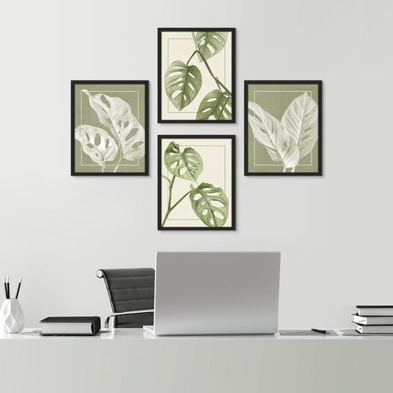 PixonSign Framed Wall Art, Tropical Monstera Sage Green Leaf Posters, Set of 4 Emerald Plant Wall Decor Prints, Nature Wilderness Wall Décor Fine Artwork for Living Room, Bedroom - 12"x16" Black