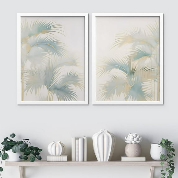 PixonSign Framed Wall Art Tropical Palm Leaves in Pastel Tones Posters, Set of 2 Elegant Gold Foil Highlights Botanical Wall Decor, Adhesive Canvas Prints for Home Decor - 11"x14" White