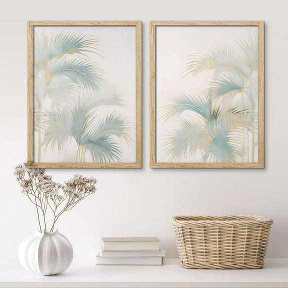 PixonSign Framed Wall Art Tropical Palm Leaves in Pastel Tones Posters, Set of 2 Elegant Gold Foil Highlights Botanical Wall Decor, Adhesive Canvas Prints for Home Decor - 12"x16" Natural