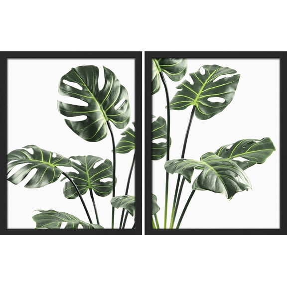 PixonSign Framed Wall Art Tropical Palm Monstera Jungle Plants Posters, Set of 2 Floral Botanical Nature Illustrations Wall Decor, Adhesive Canvas Prints for Home Decor - 8"x10" Black