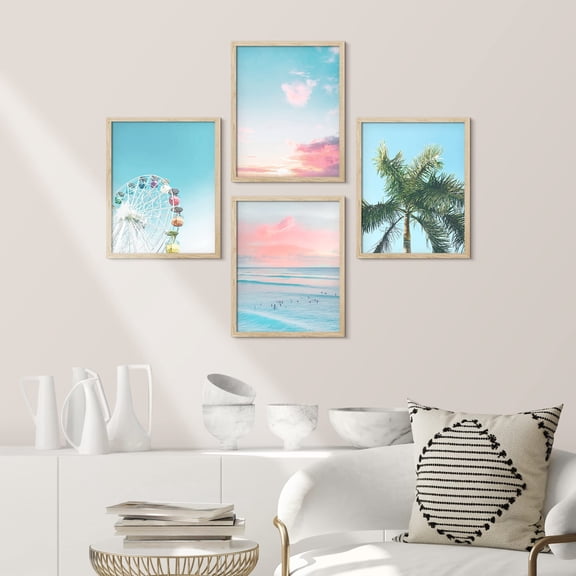 PixonSign Framed Wall Art Tropical Tree & Ferris Wheel Posters, Set of 4 Pastel Nature Blue & Pink Cloudy Sky Digital Art, Colorful Seascape Canvas Prints for Home Decor - 12"x16" Natural