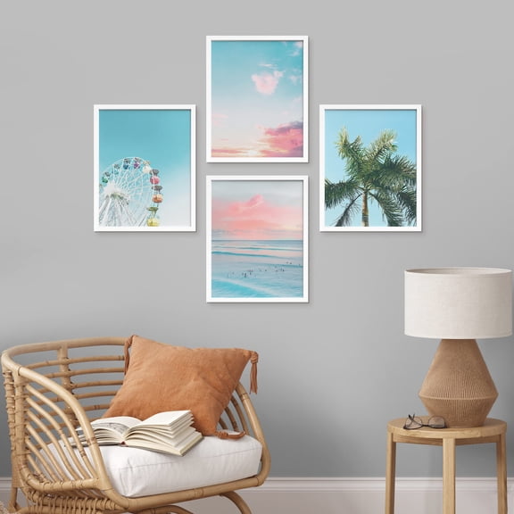 PixonSign Framed Wall Art Tropical Tree & Ferris Wheel Posters, Set of 4 Pastel Nature Blue & Pink Cloudy Sky Digital Art, Colorful Seascape Canvas Prints for Home Decor - 11"x14" White