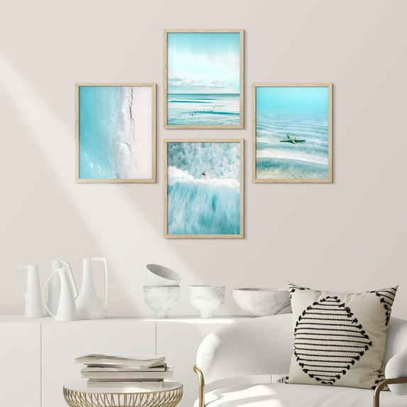 PixonSign Framed Wall Art Vibrant Blue Tropical Island Ocean Prints, Set of 4 Wave Beach Shore Wall Decor Arts, Wall Décor, Adhesive Canvas Poster, Modern Home Artwork - 11"x14" Natural