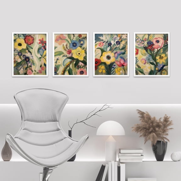 PixonSign Framed Wall Art Vibrant Impressionist Flowers Prints, Set of 4 Colorful Floral Pastel Paintings, Multicolor Wall Décor, Farmhouse/Country Adhesive Canvas Posters - 8"x10" White
