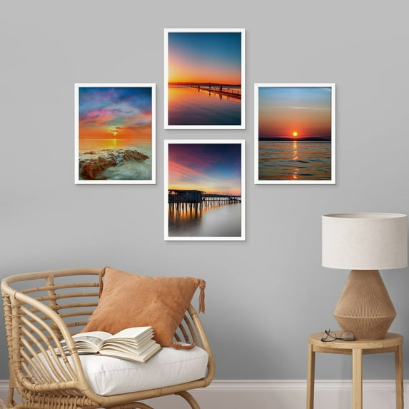PixonSign Framed Wall Art Vibrant Orange & Blue Sunset Ocean Beach Pier Prints, Set of 4 Sea Landscape Wall Decors, Nature Wall Décor, Adhesive Canvas Poster, Modern Home Artwork - 11"x14" White