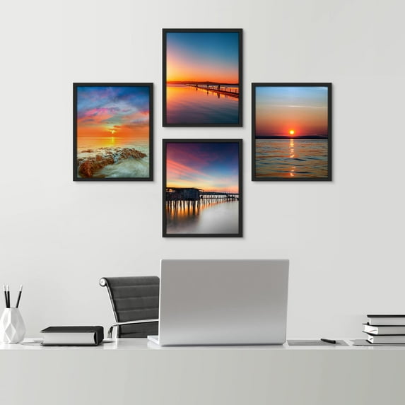 PixonSign Framed Wall Art Vibrant Orange & Blue Sunset Ocean Beach Pier Prints, Set of 4 Sea Landscape Wall Decors, Nature Wall Décor, Adhesive Canvas Poster, Modern Home Artwork - 8"x10" Black
