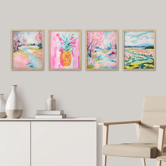 PixonSign Framed Wall Art Vibrant Spring Landscape and Pineapple Colorful Illustrations Posters, Set of 4 Preppy Room Multicolor Nature Wilderness Canvas Prints for Home Decor - 12"x16" Natural