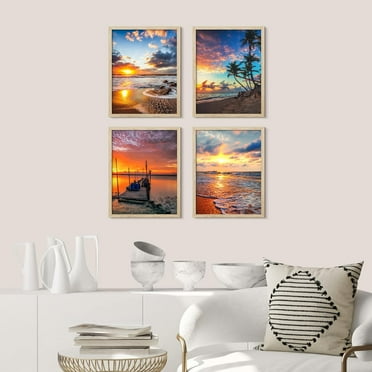 PixonSign Framed Wall Art Vibrant Sunset Tropical Ocean Beach Horizons Prints, Set of 4 Sea Landscape Wall Decors, Nature Wall Décor, Adhesive Canvas Poster, Modern Home Artwork - 11"x14" Natural