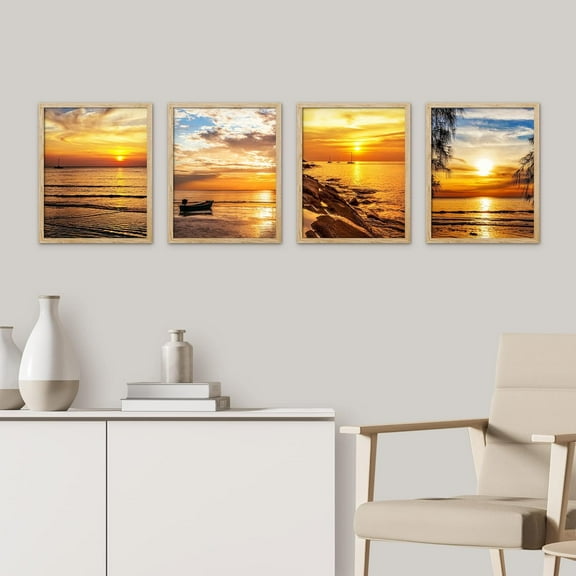 PixonSign Framed Wall Art Vibrant Tropical Beach Shore Sunset Island, Set of 4 Nature Wilderness Ocean Seascape Wall Decor, Adhesive Canvas Poster, Modern Home Artwork - 11"x14" Natural