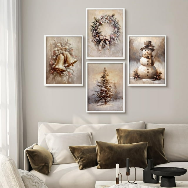 PixonSign Framed Wall Art Vintage Christmas Bells, Wreath, Snowman, and Tree Posters, Set of 4 Celebration & Holidays Illustrations Wall Decor, Adhesive Canvas Prints - 12"x16" White