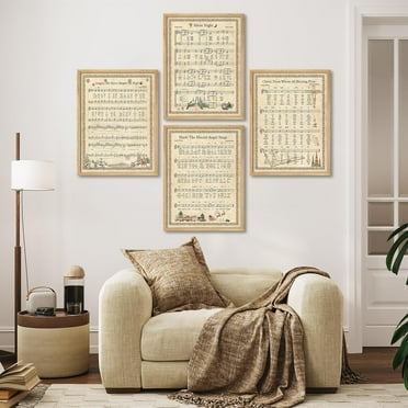 PixonSign Framed Wall Art Vintage Christmas Carol Sheet Music Posters, Set of 4 Classic Holiday Hymns Illustrations Wall Decor, Adhesive Canvas Prints for Home Decor - 8"x10" Natural