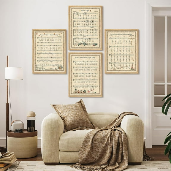 PixonSign Framed Wall Art Vintage Christmas Carol Sheet Music Posters, Set of 4 Classic Holiday Hymns Illustrations Wall Decor, Adhesive Canvas Prints for Home Decor - 12"x16" Natural