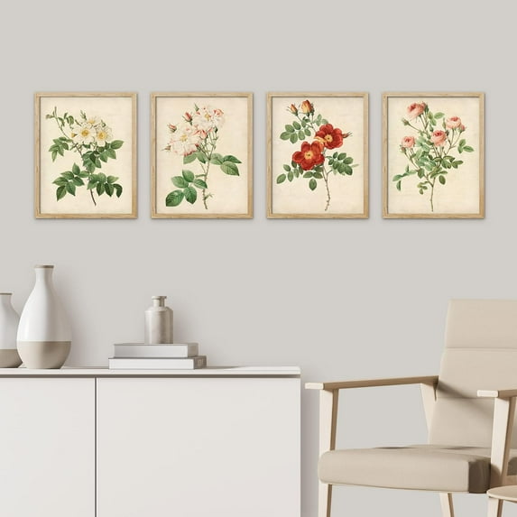 PixonSign Framed Wall Art, Vintage Colorful Wildflower Posters, Set of 4 Variety Floral Wall Decor Prints, Nature Flower Market Wall Décor for Living Room, Bedroom, Framhouse - 8"x10" Natural
