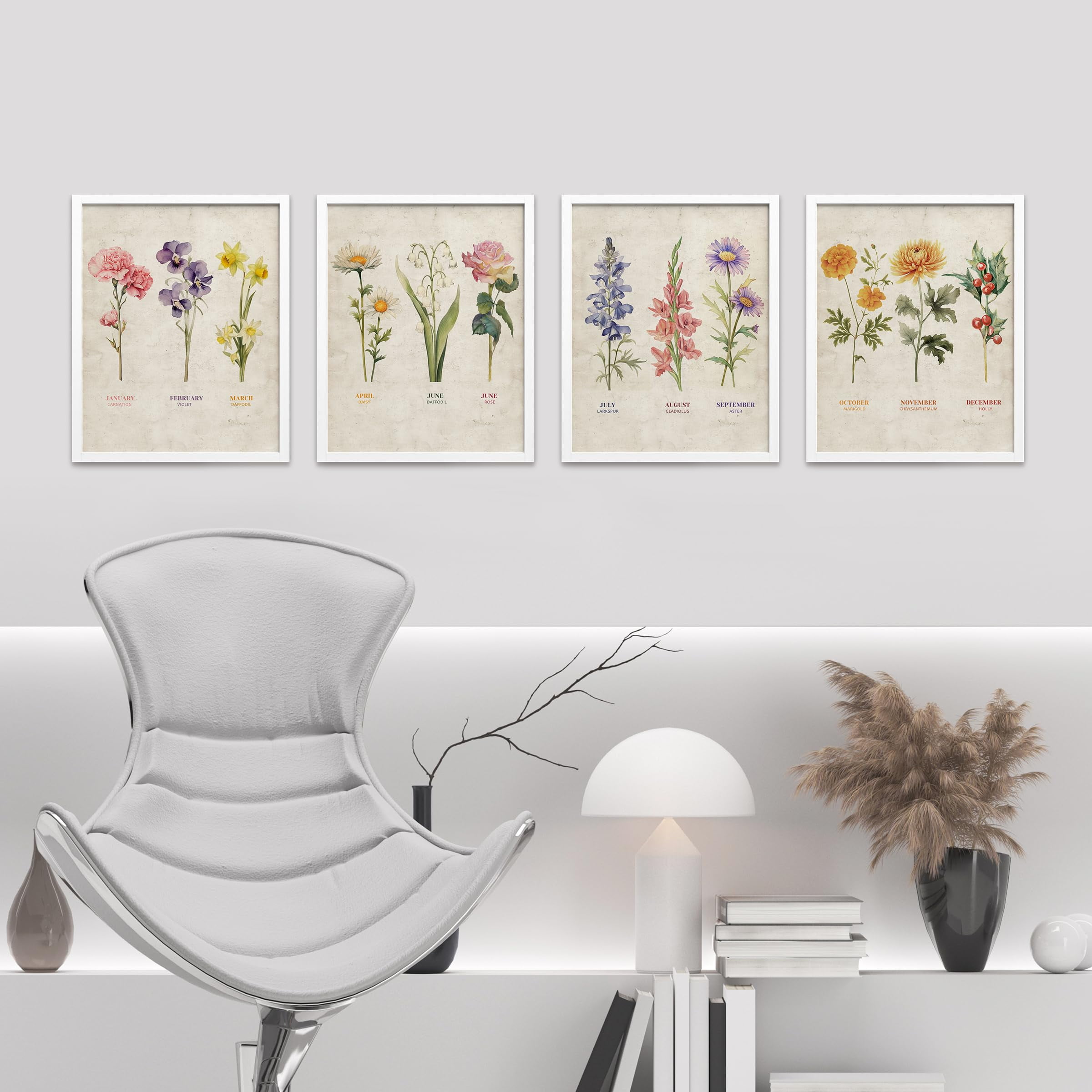 PixonSign Framed Wall Art Vintage Floral Birth Month Botanical Prints