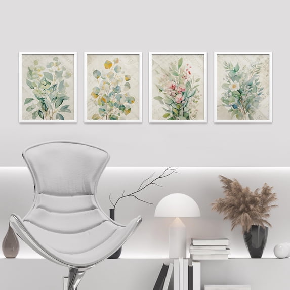 PixonSign Framed Wall Art Vintage Floral Bouquets Prints, Set of 4 Nature Wildernes Paintings, Rustic Retro Wall Décor, Wildflower Plants Adhesive Canvas Poster for Home Decor - 12"x16" White