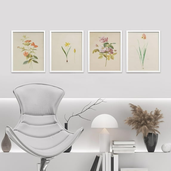PixonSign Framed Wall Art Vintage Garden Wildflower Landscape Prints, Set of 4 Country/Farmhouse Rustic Floral Botanical Paintings, Colorful Adhesive Canvas Posters for Home Decor - 11"x14" White