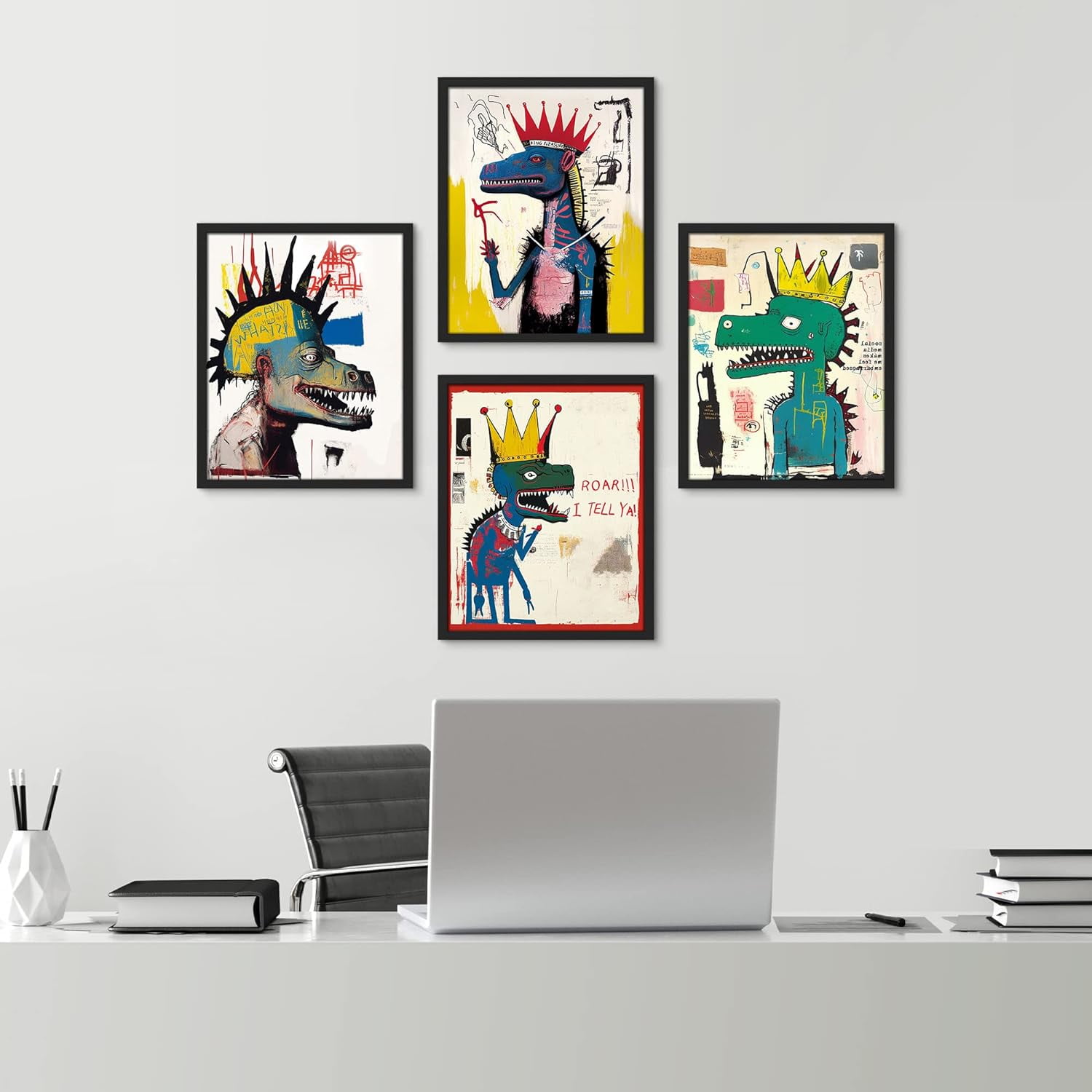 PixonSign Framed Wall Art, Vintage Retro Antique Basquiat Dinosaur