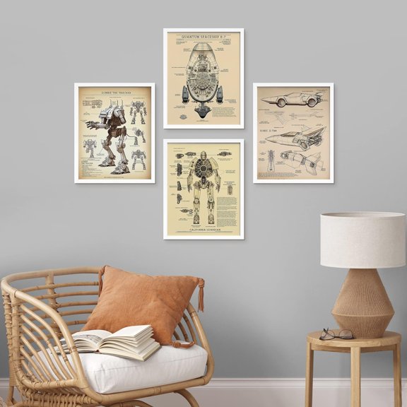 PixonSign Framed Wall Art, Vintage Retro Futuristic Sci-Fi Robot Android Spaceship Posters, Set of 4 Illustration Wall Decor Prints, Medorn Artwork, Contemporary Wall Décor - 11"x14" White