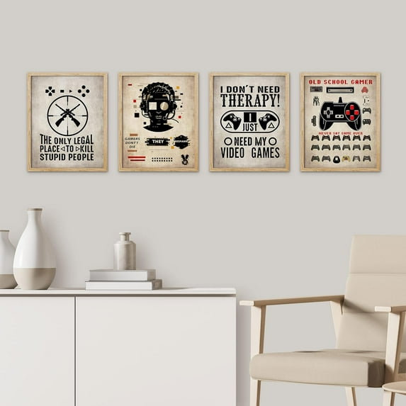 PixonSign Framed Wall Art, Vintage Video Controller Game Poster, Set of 4 Boy's Bedroom Illustration Wall Decor Prints, Modern Contemporary Wall Décor for Living Room, Bedroom -8"x10" Natural